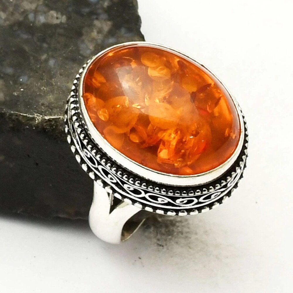 Handmade 925 Sterling Silver Amber Antique Design Ring Size 8